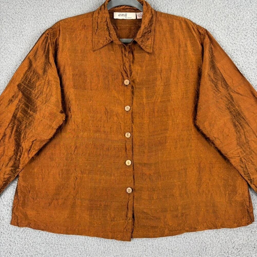 Vintage Anü 100% Pure Silk Blouse Large Lagenlook Shantung Rust Iridescent Roomy